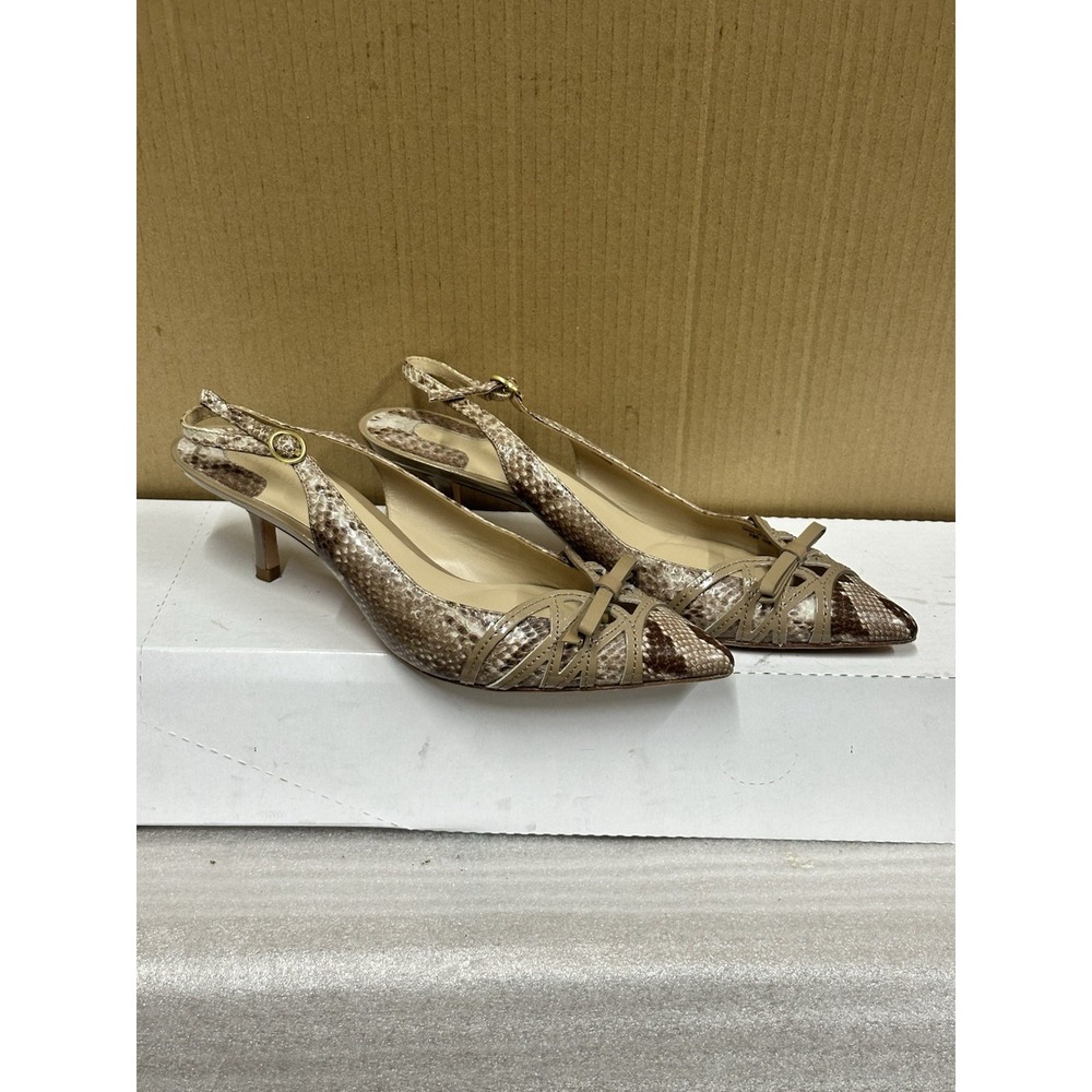 Joan And David Women's‎ Brown Snakeskin Sling Back Size 8 Gold Accent Top Bow